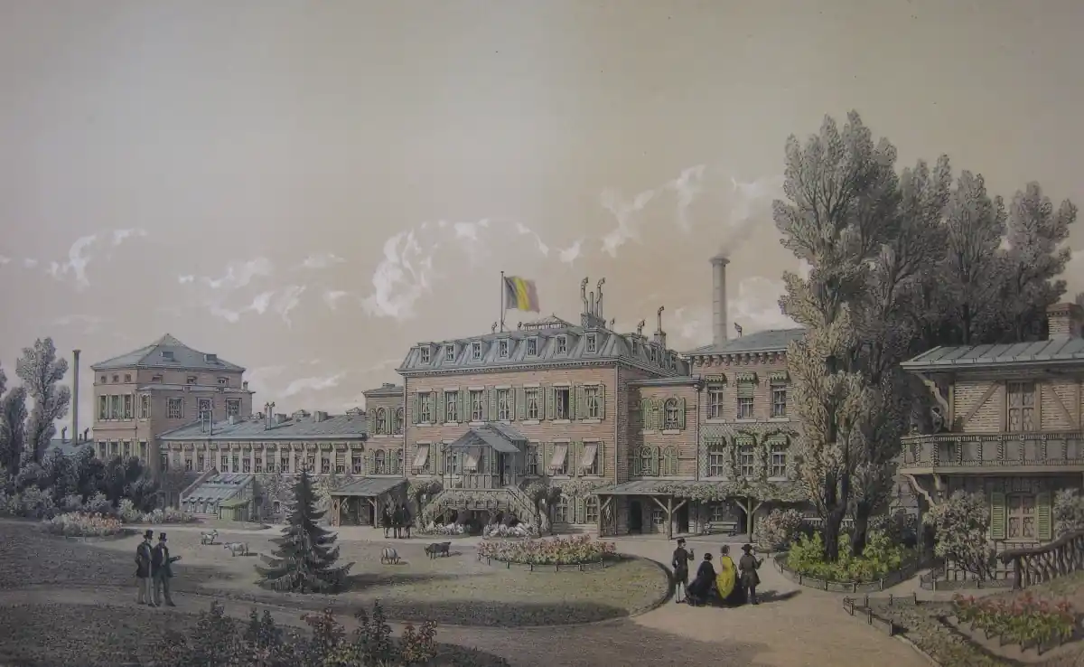 Illustration ancienne des bâtiments de la Direction générale de la Vieille-Montagne à Angleur