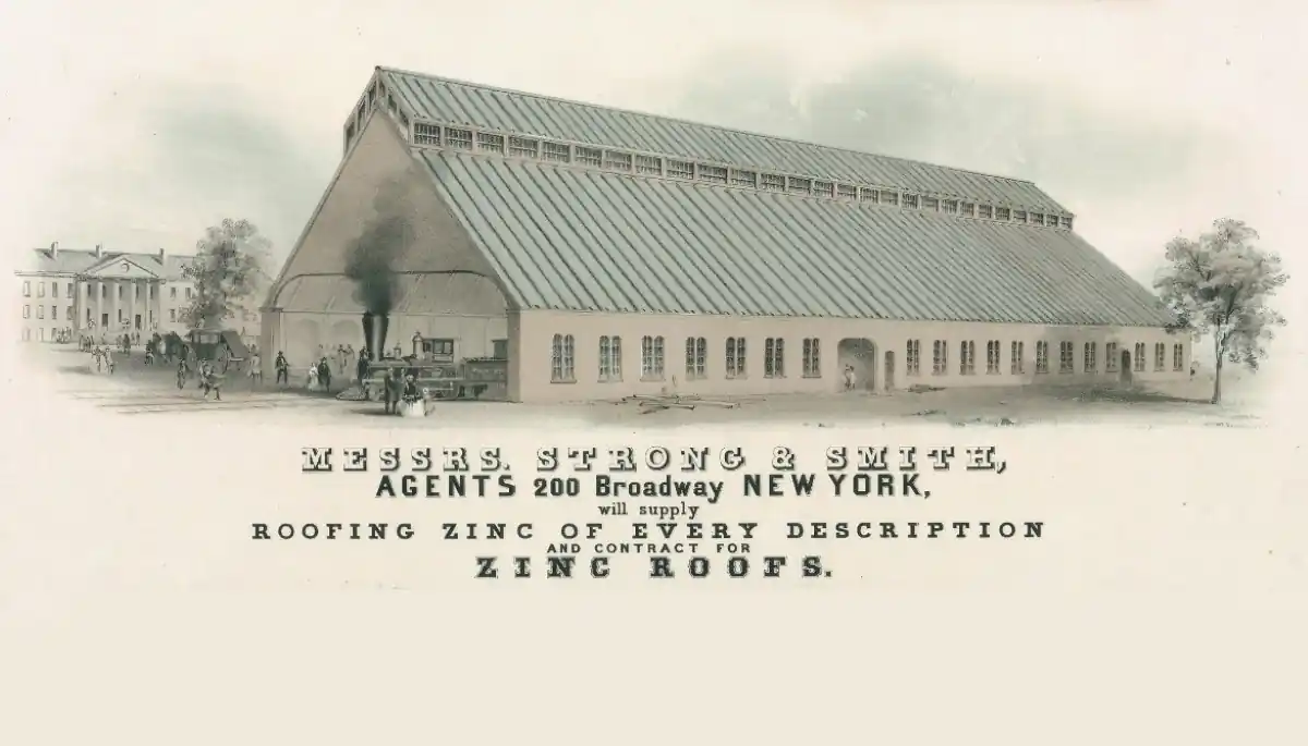 Publicité de 1851 pour les toitures en zinc Vieille-Montagne par l’agent Strong & Smith à New York