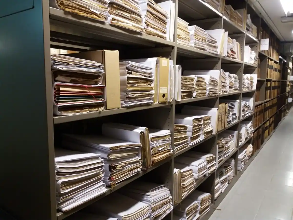 Rayonnages de documents du fonds Vieille Montagne aux Archives de l’État à Liège