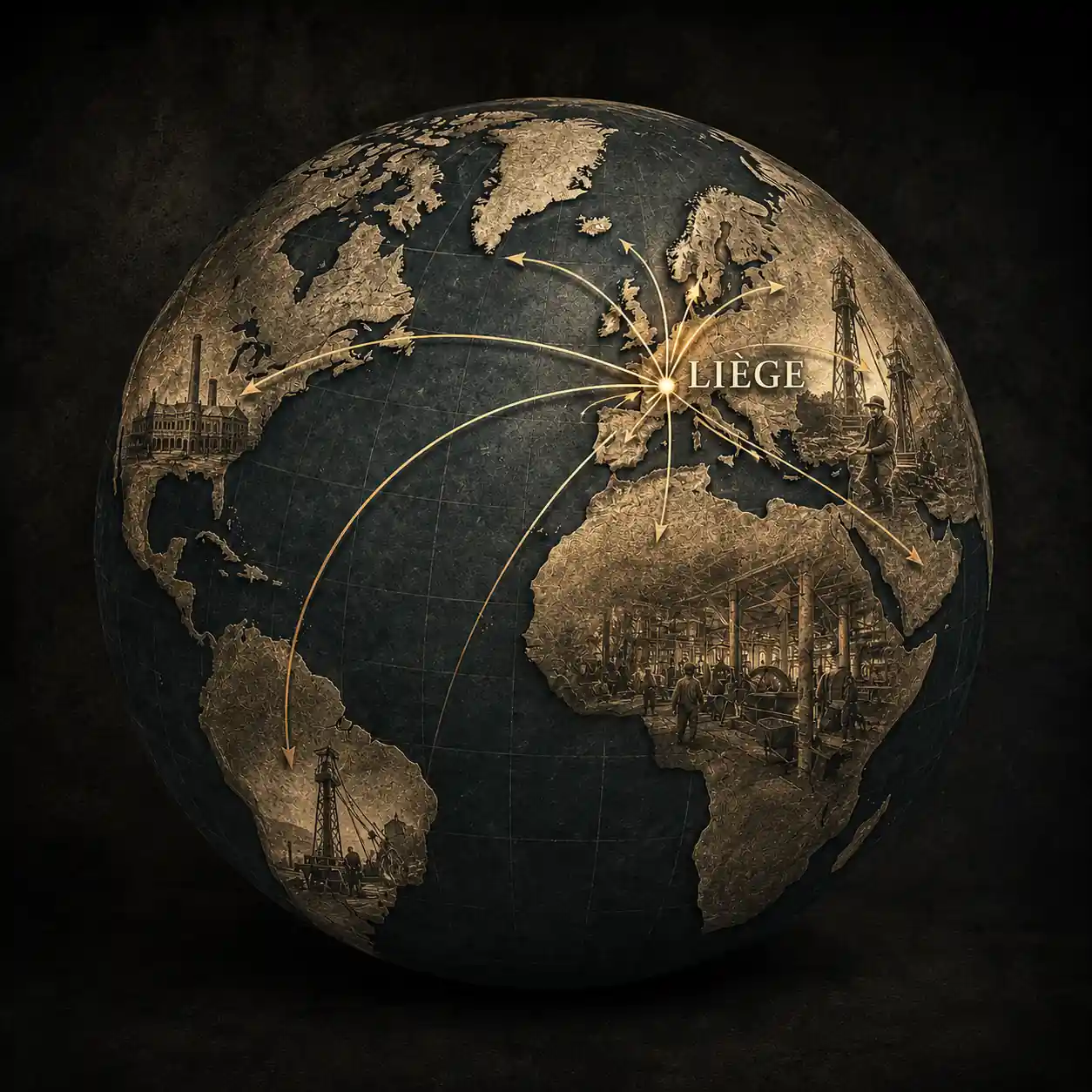Globe ancien illustrant l’expansion internationale de la Vieille-Montagne depuis Liège